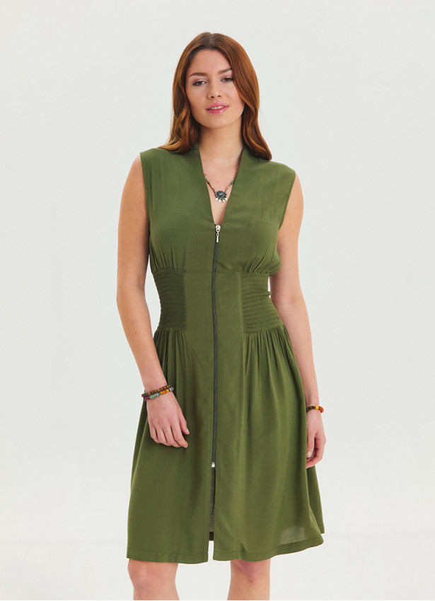 Khaki Summer Dress with Stand Collar and Zipper Detail 4440